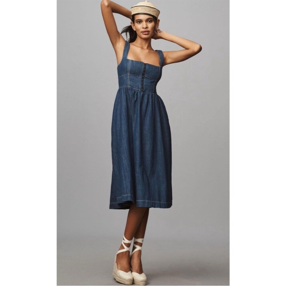 Reformation Anthropologie Dress Denim Tagliatelle Retro Preppy Boho Size 12 NEW
